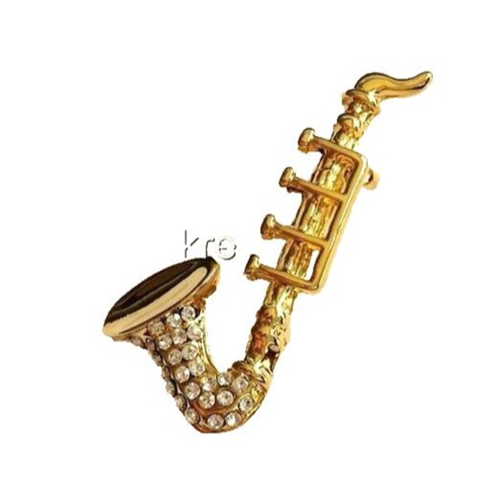 Vintage Gold Plated Saxophone Pin Brooch Crystal Jazz Sax Music Teacher Gift